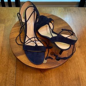 Vintage navy blue Gianvito Rossi suede strappy heel with gold accents.